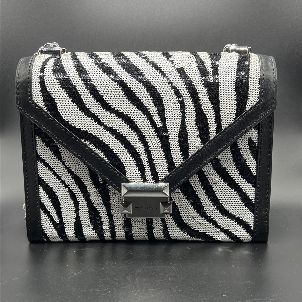 Michael Kors Whitney Zebra Sequin Crossbody Convertible Shoulder Bag Black White